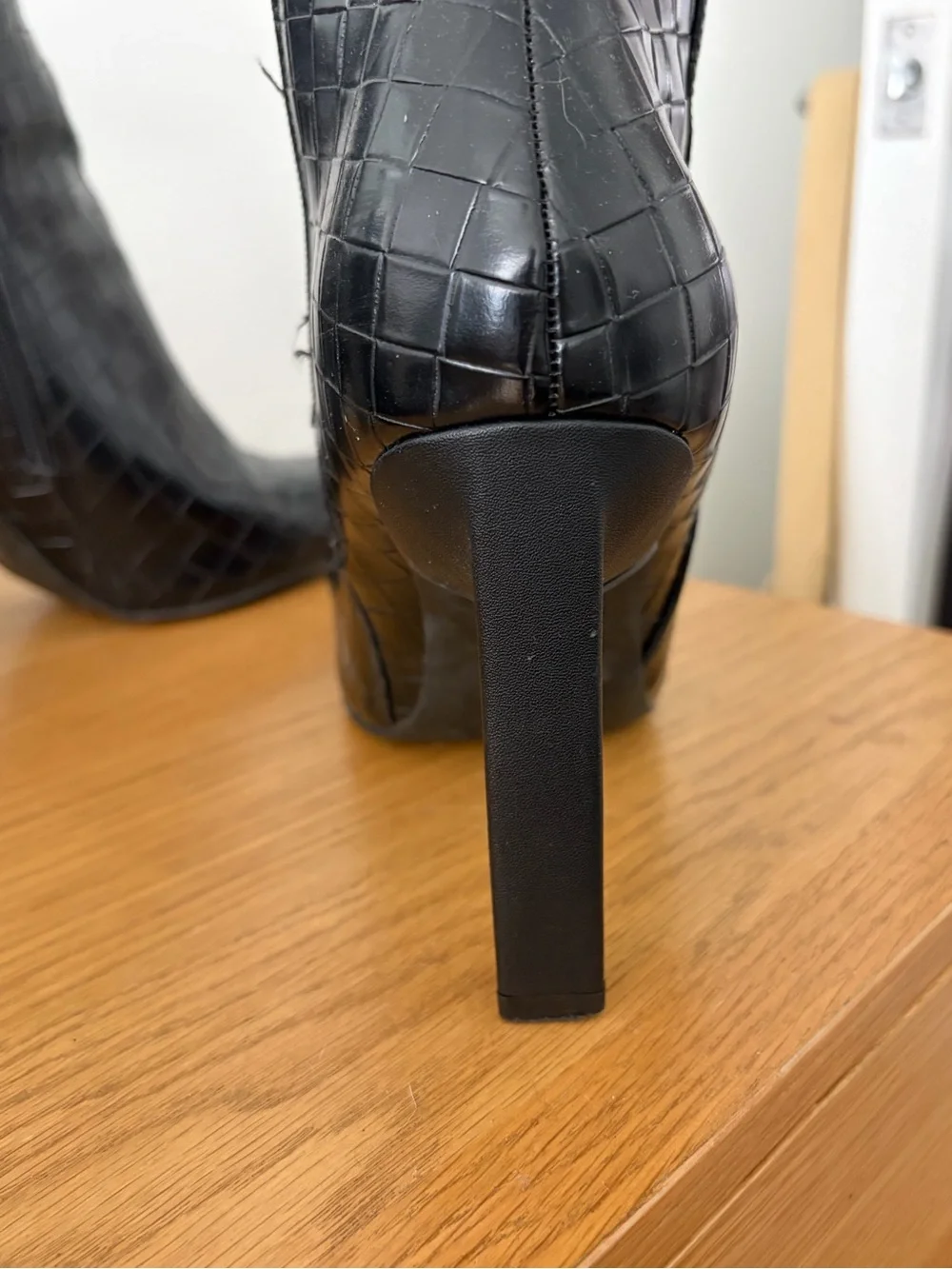 Black Croc-Textured Mid-Calf Boots